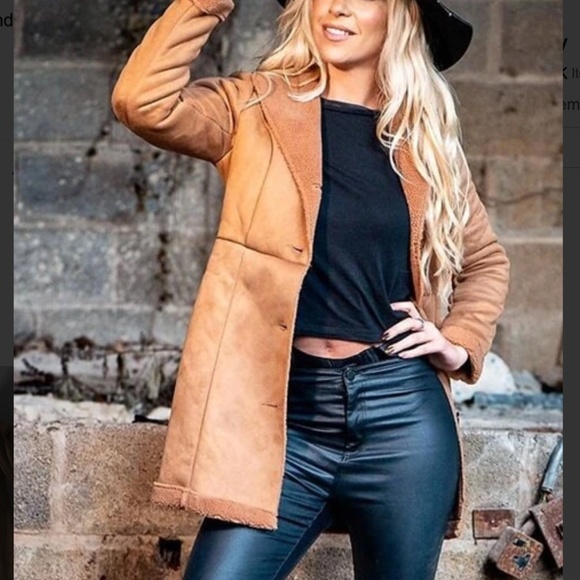 Camel Tan Sherpa Lined Vegan Suede Jacket Coat - Picture 3 of 8